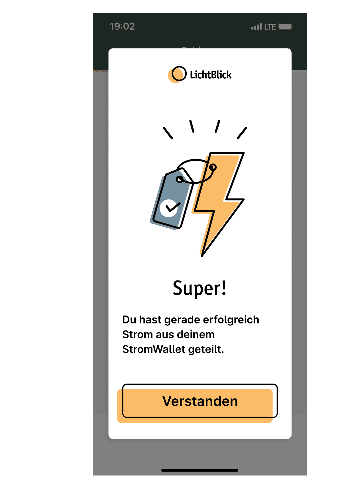Screen aus der LichtBlick App, der anzeigt, dass man erfolgreich Strom aus seinem StromWallet geteilt hat.